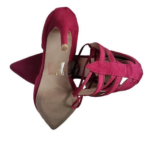 Red Suede Women 7 Tie Up Strap Sandals Heels Sexy Party Work Church Feminine Y2K - Picture 9 of 9